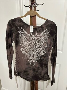 Affliction Women's Brown Tie-Dye Long Sleeve Wing Graphic Top with Lace-Up Sides